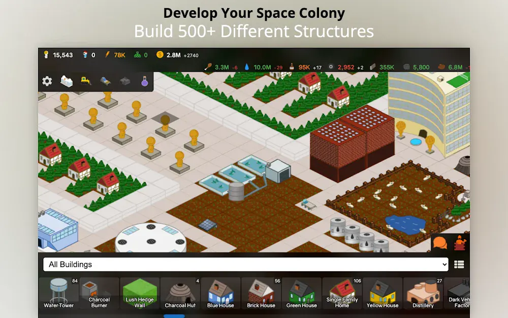My Colony: izometrikus településrészlet házakkal, farmokkal és víztározókkal