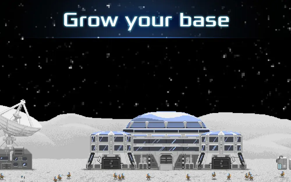 Tiny Space Program: pixeles holdbázis kupolás főépülettel és antennával